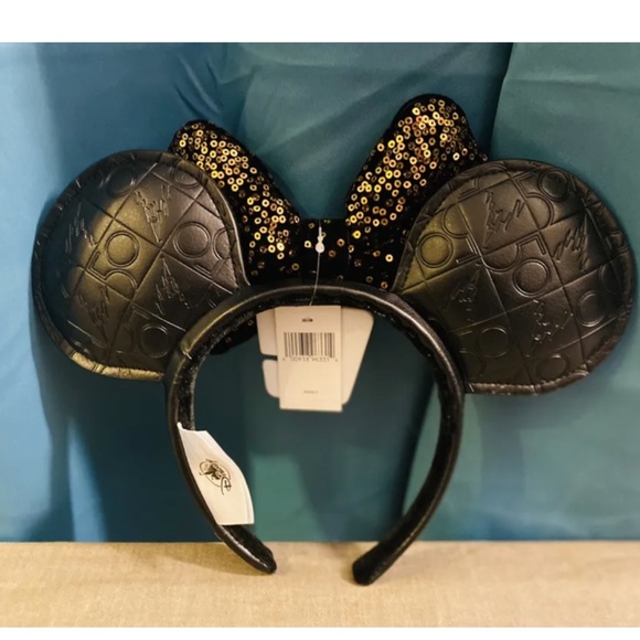 NWT Disney Parks WDW 50th Anniversary Black Gold Faux Leather Minnie Bow Ears